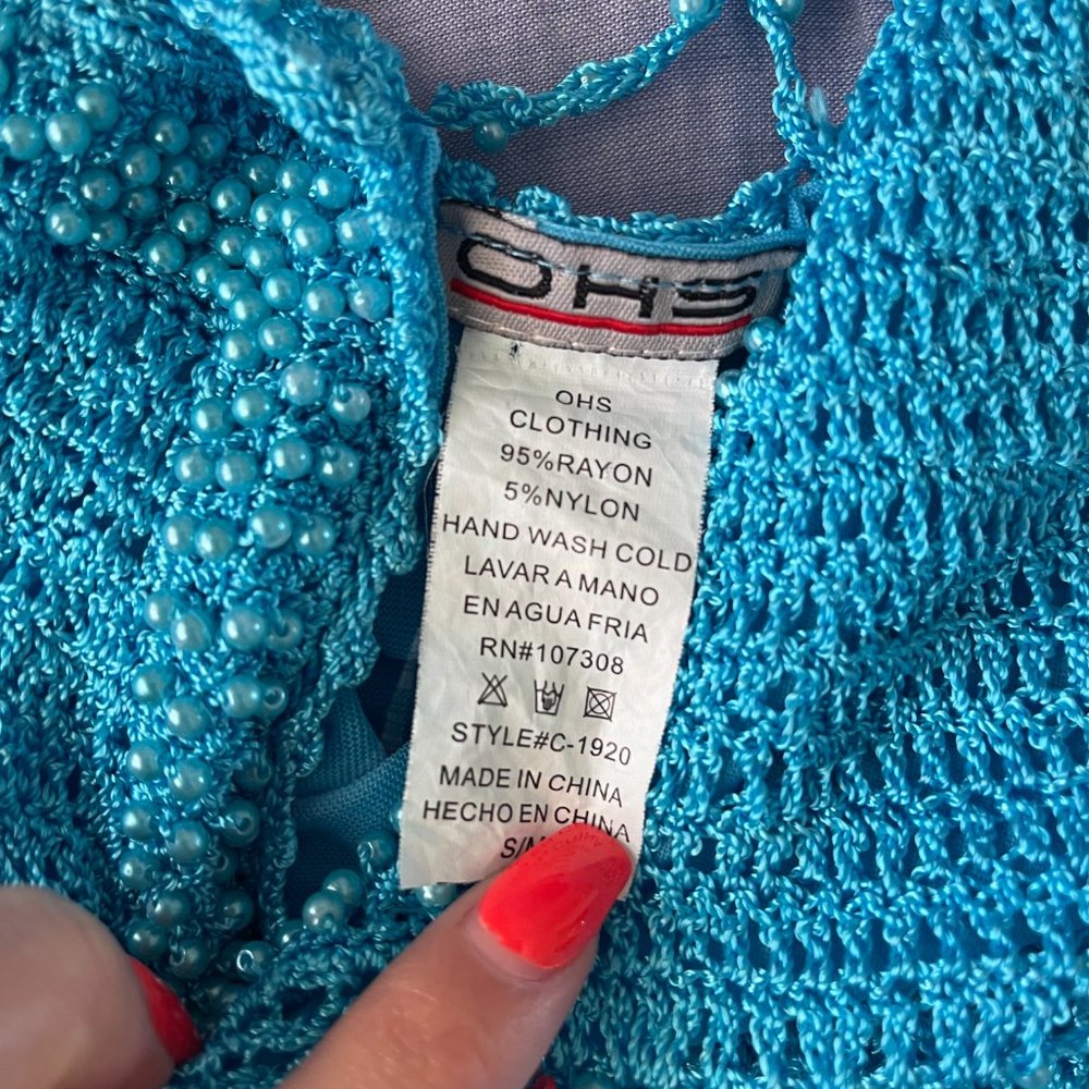 SOLD! 90s/ Y2K Beaded Blue Boho Tank Top with Fringe - Picture 8 of 8